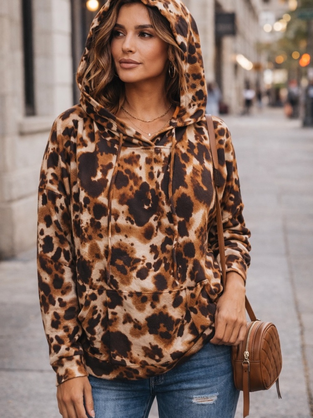 Sew Love Leopard Print Hoodie Top Size S Brown Tan Animal Print NWOT A9